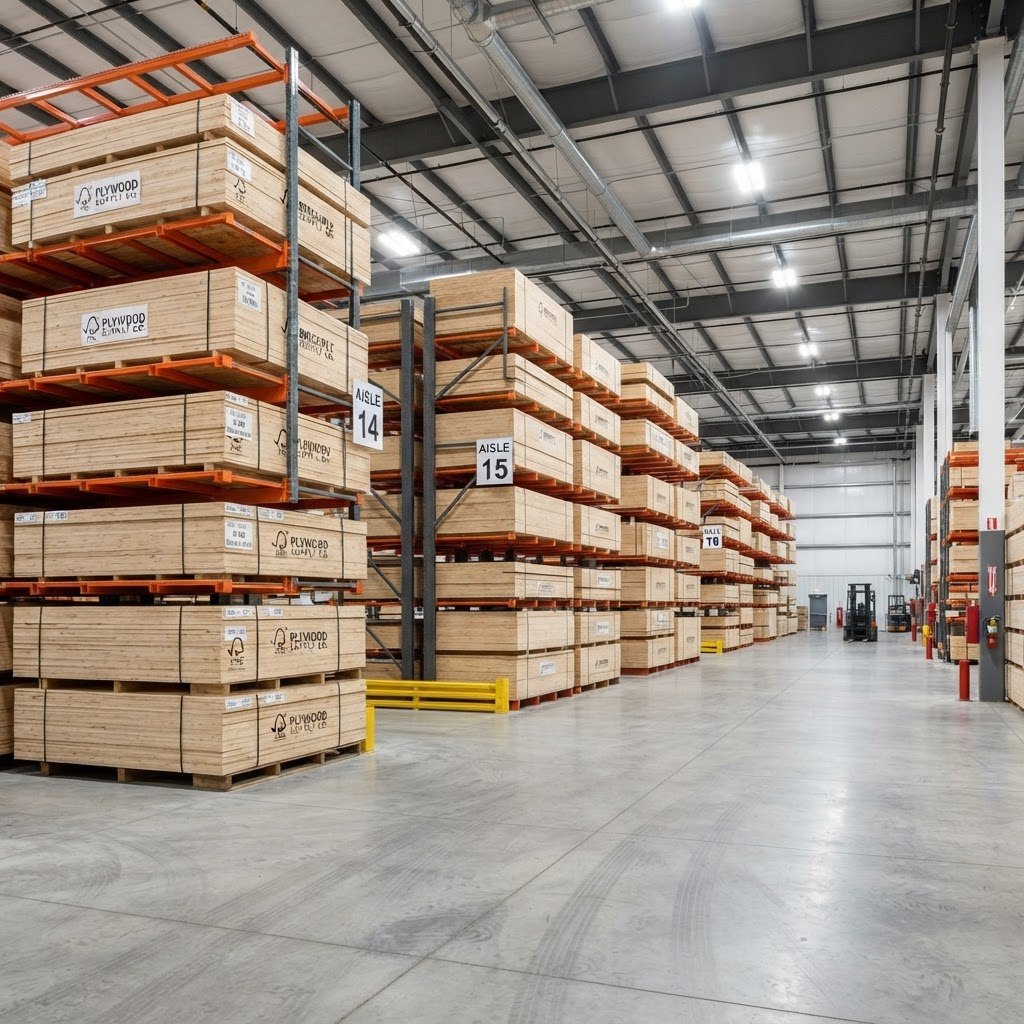 Well-organised plywood warehouse with neatly stacked sheets on metal racking — Golden Dragon Plywood Melbourne