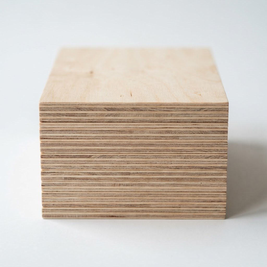 Stack of thin plywood sheets 1.5mm to 3mm thick showing veneer layers