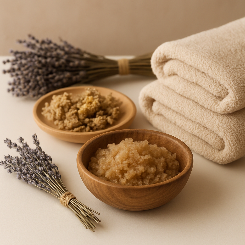 Natural body scrub treatment setup with sugar scrub and lavender