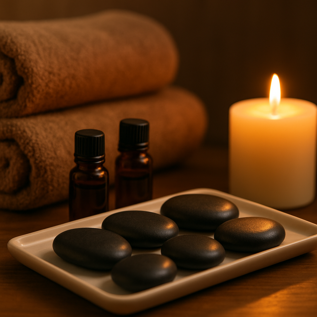 Relaxation massage setup with warm towels and essential oils