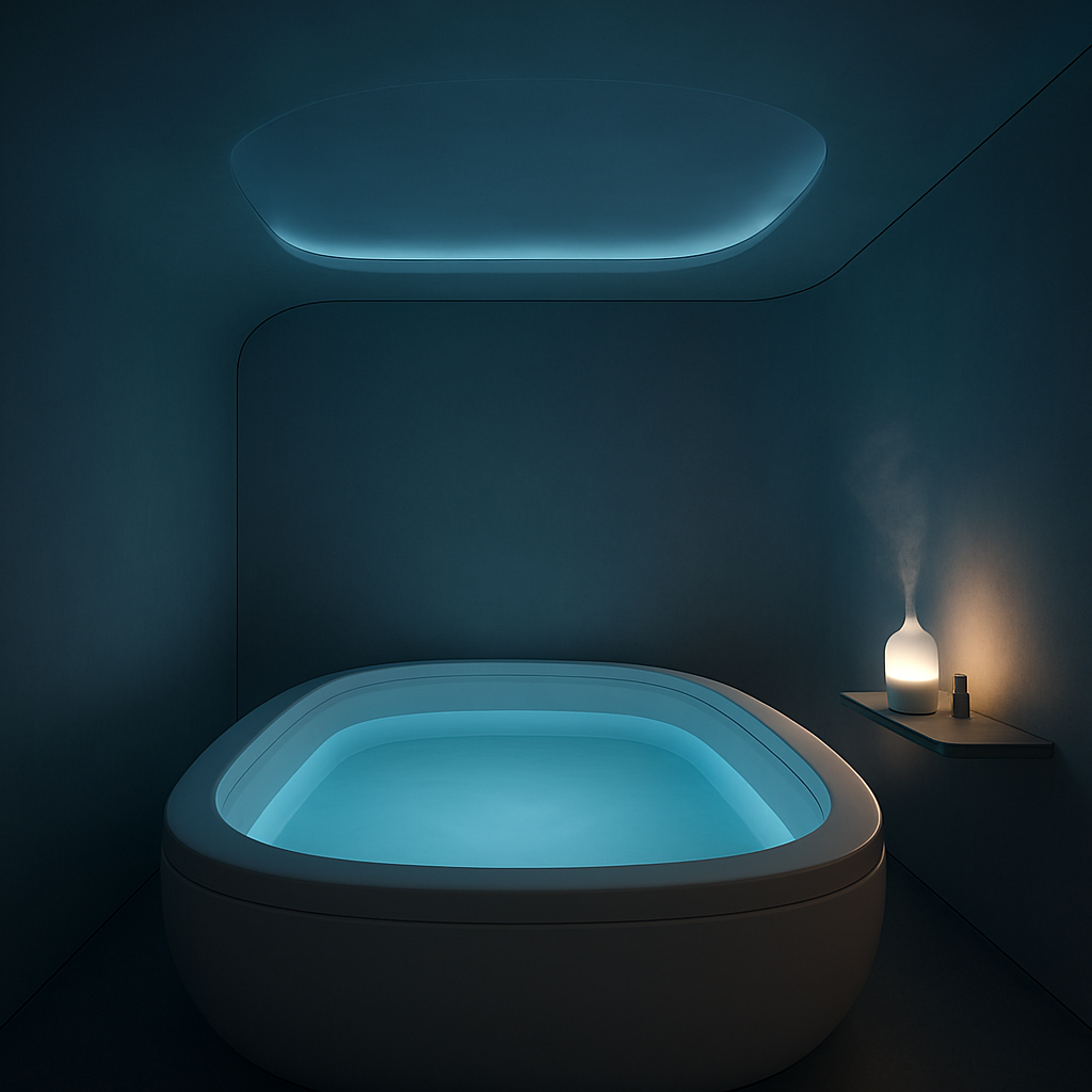Tranquil float therapy room with soft atmospheric lighting
