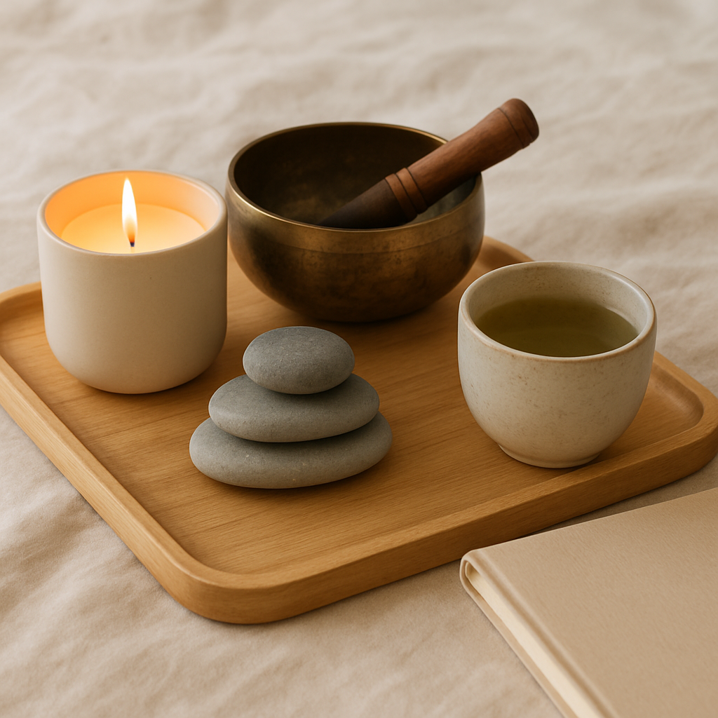 Mindfulness wellness setup with singing bowl, candle, and green tea